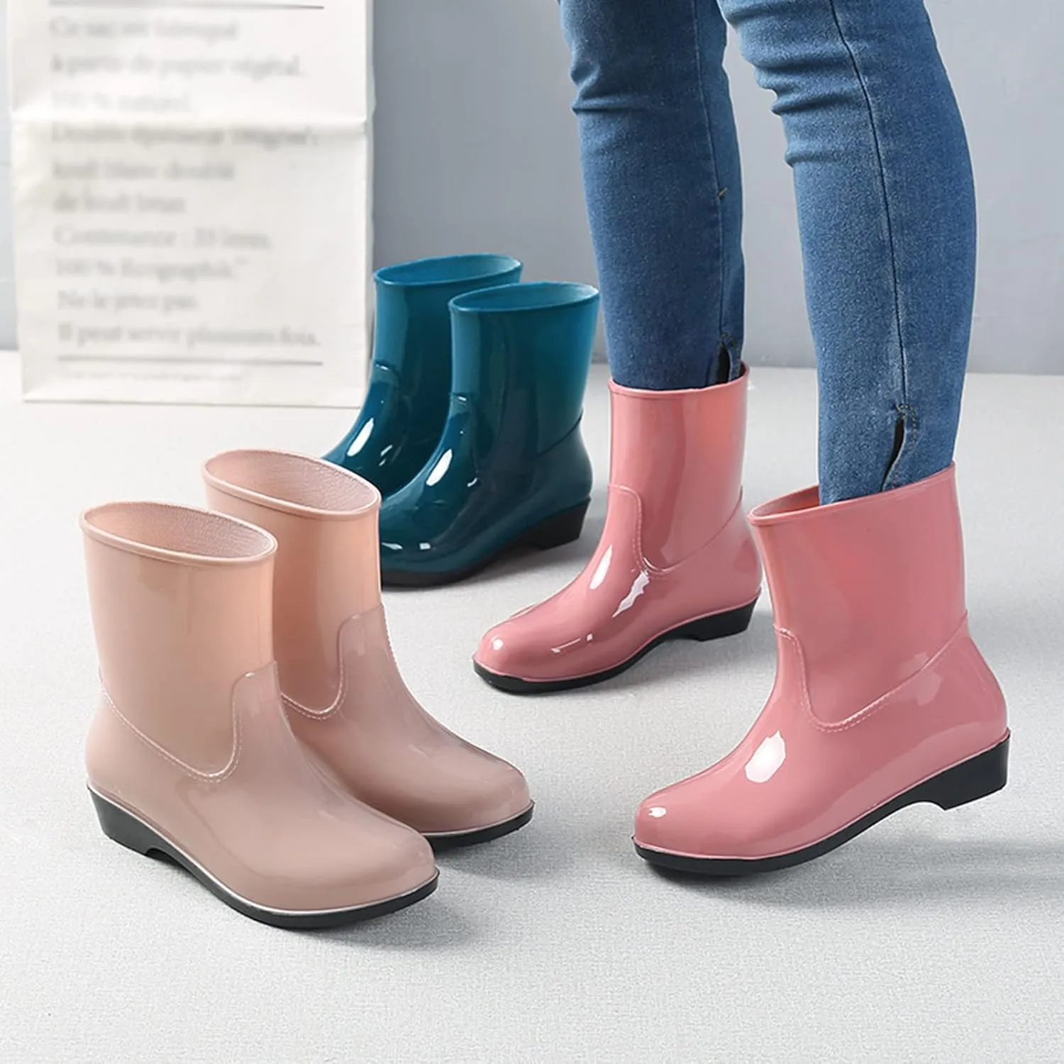 AMDBEL Rain Boots for Women, Women's Mid Calf Rain Boots Waterproof Garden Shoes Rubber Anti-Slipping Rain boots for Ladies