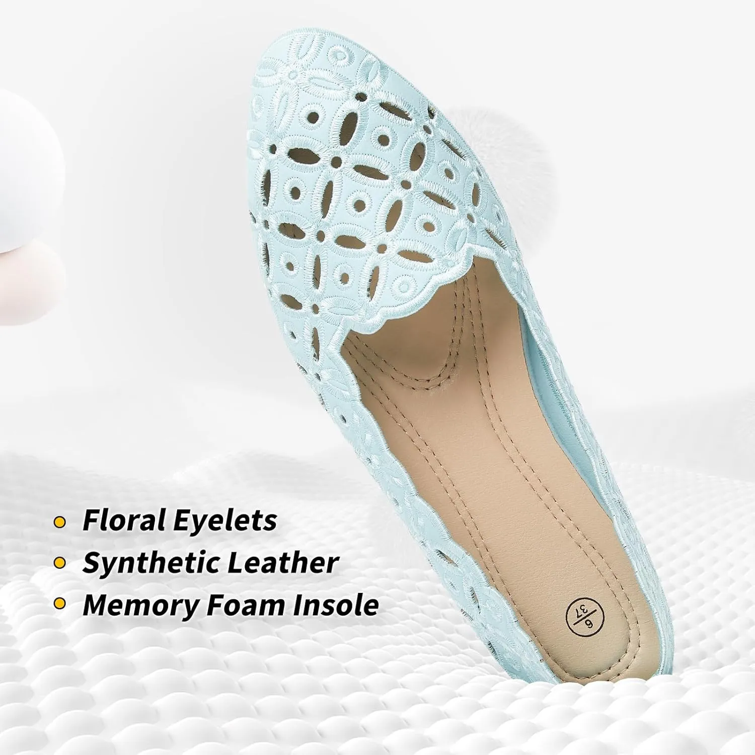 BABUDOG Womens Flats,Black and White Dress Flats with Flower Eyelets,Breathable Ballet Flats