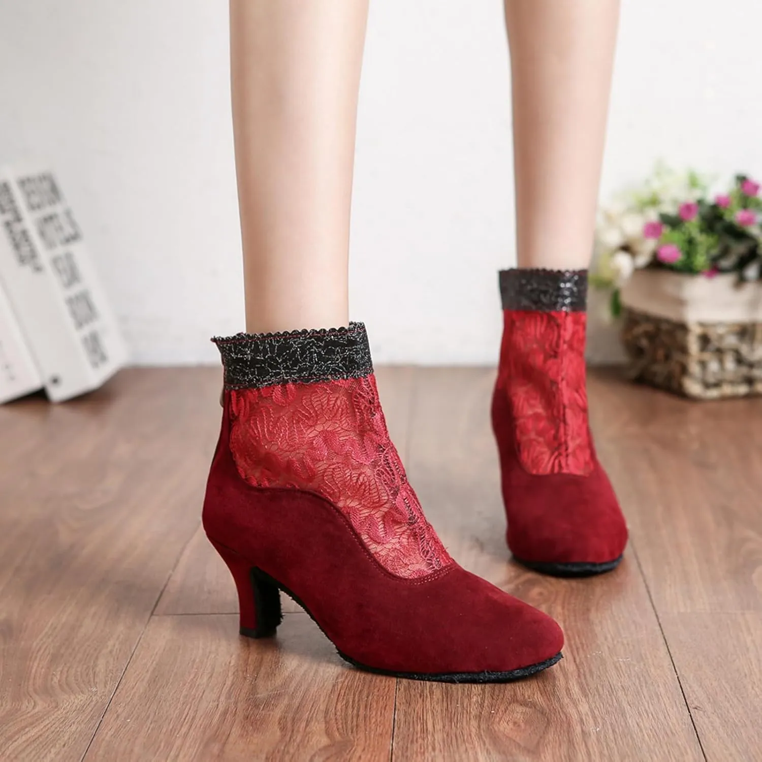 Back Zipper Closure Dance Shoes for Women Ballroom Party Bridal Wedding Stylish Lace Mesh Synthetic Dance boots