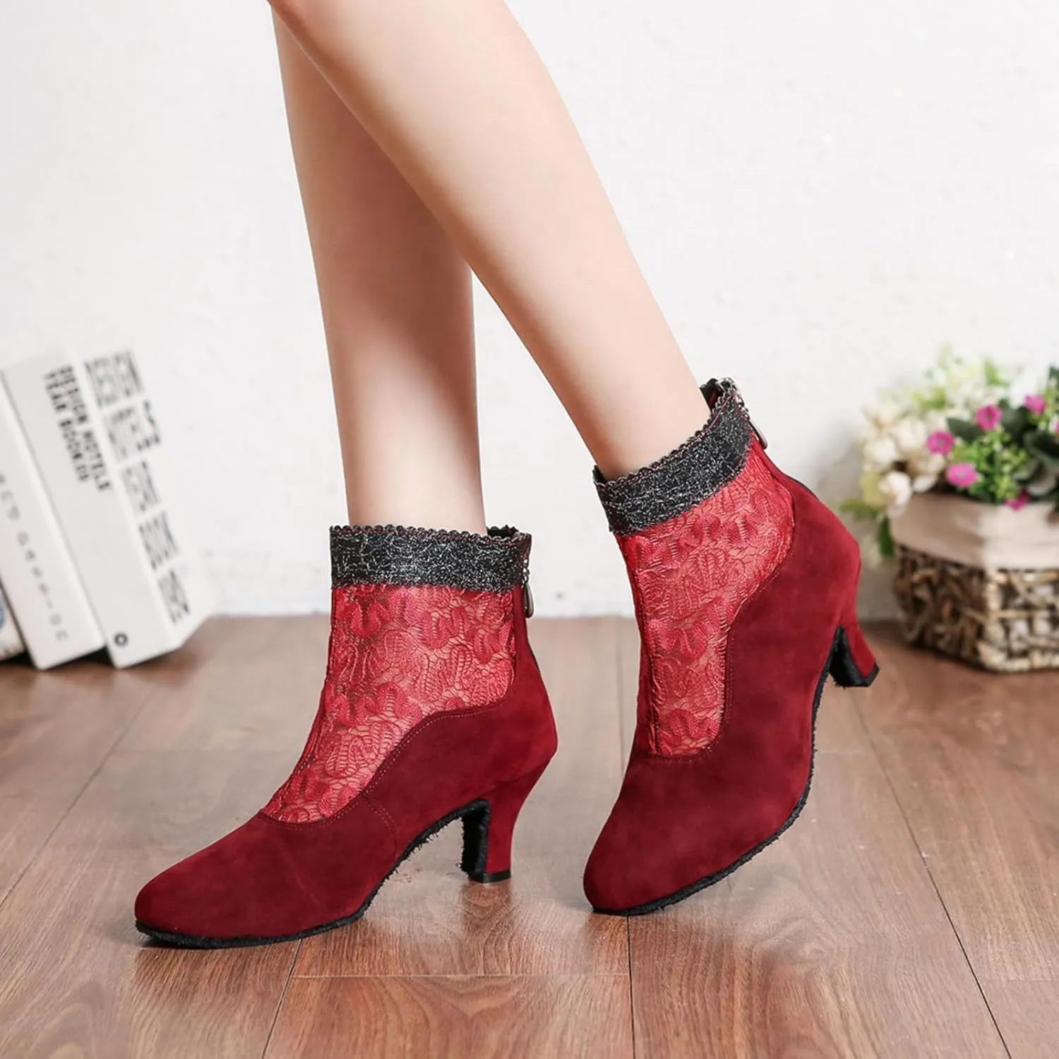 Back Zipper Closure Dance Shoes for Women Ballroom Party Bridal Wedding Stylish Lace Mesh Synthetic Dance boots