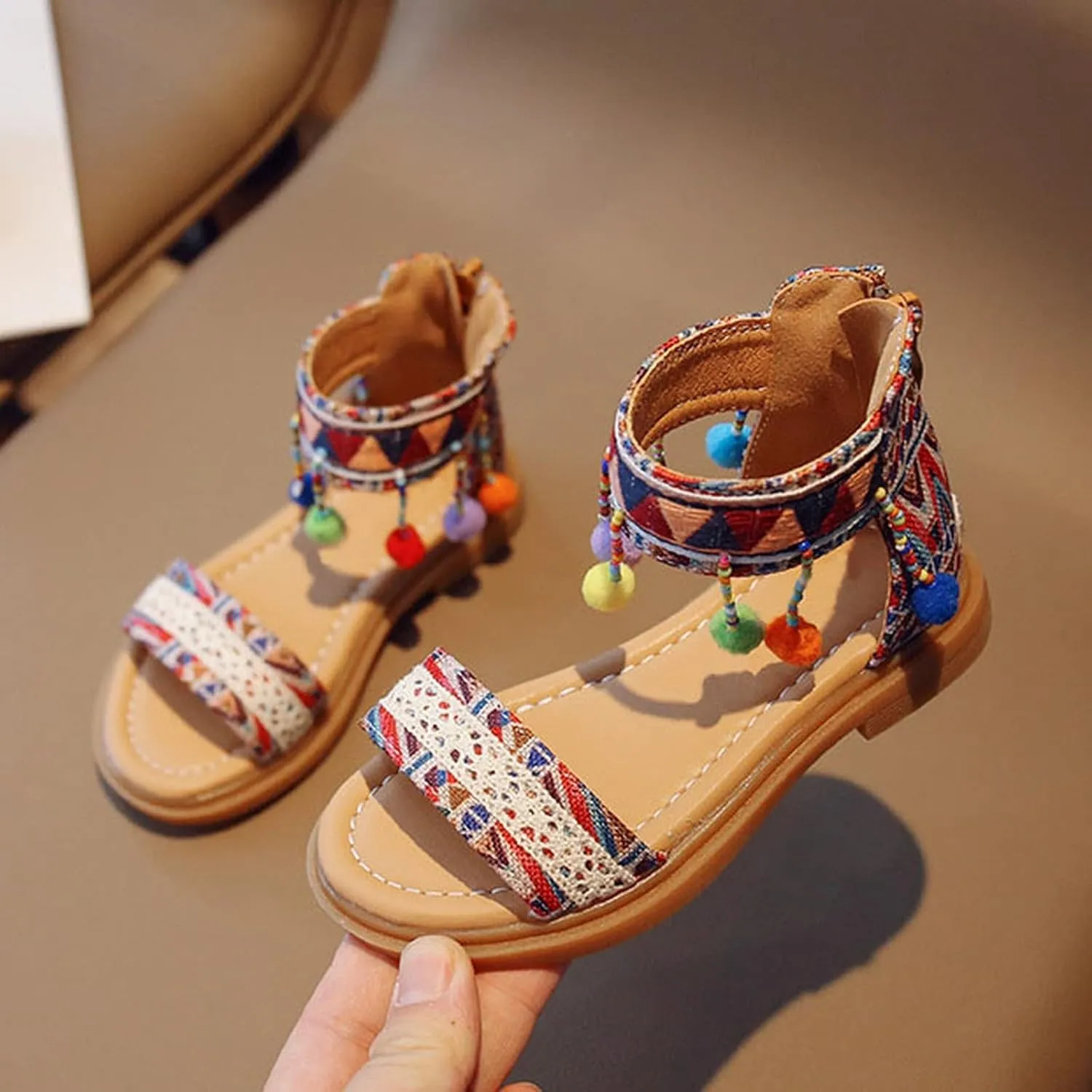 Bohemian Ethnic Girls Sandals Summer Open Toe Comfortable Shoes Zip Back Roman Flat Sandals Breathable Footwear