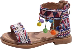 Bohemian Ethnic Girls Sandals Summer Open Toe Comfortable Shoes Zip Back Roman Flat Sandals Breathable Footwear