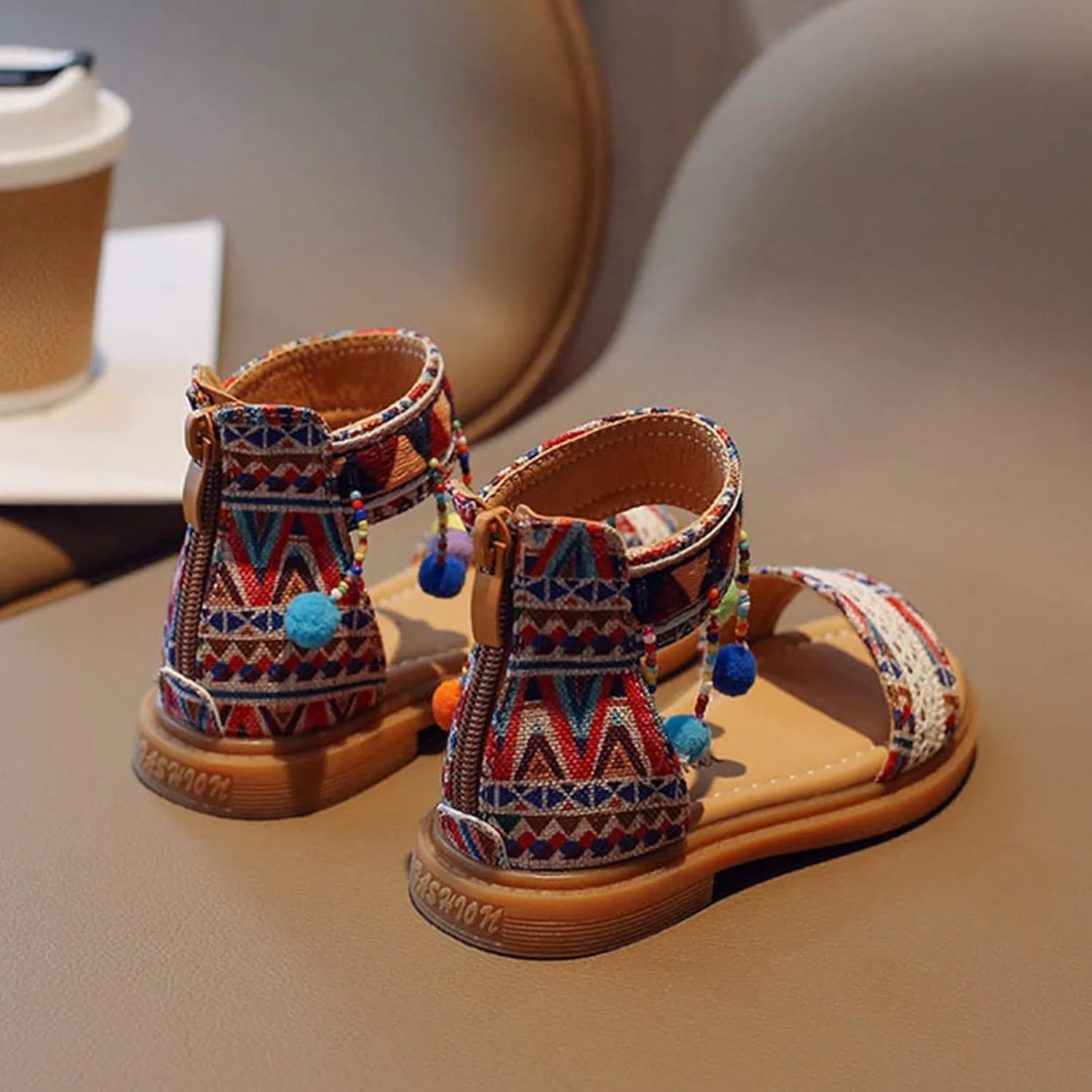 Bohemian Ethnic Girls Sandals Summer Open Toe Comfortable Shoes Zip Back Roman Flat Sandals Breathable Footwear