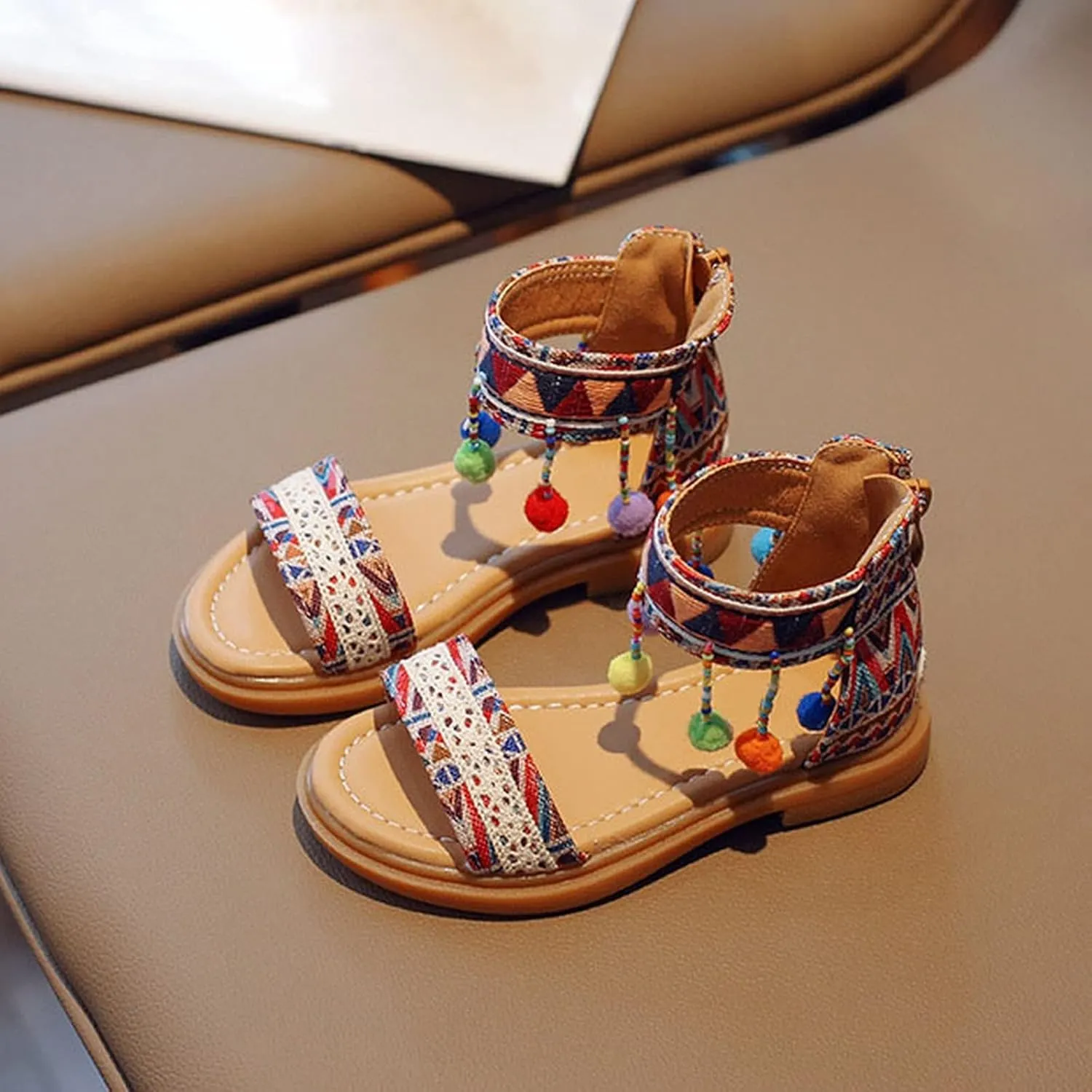 Bohemian Ethnic Girls Sandals Summer Open Toe Comfortable Shoes Zip Back Roman Flat Sandals Breathable Footwear