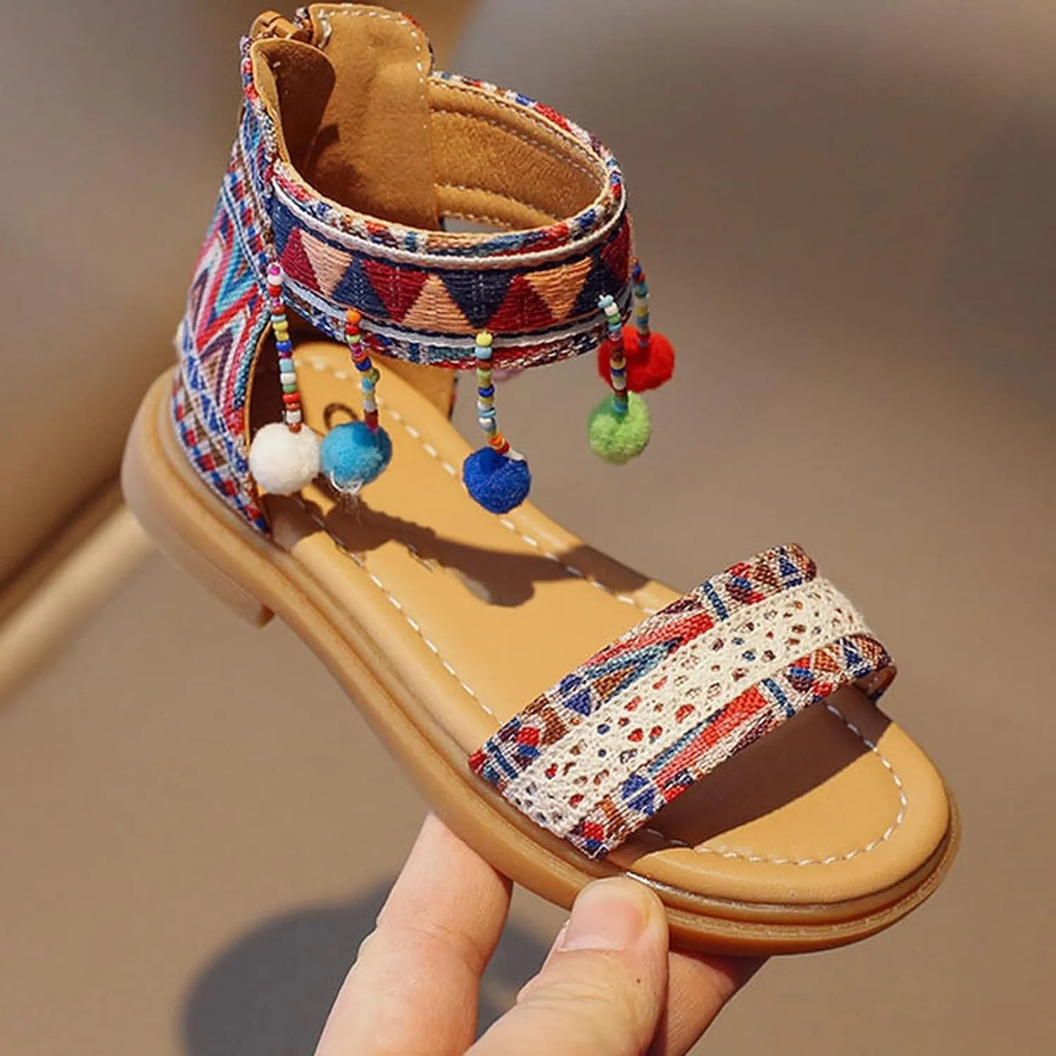 Bohemian Ethnic Girls Sandals Summer Open Toe Comfortable Shoes Zip Back Roman Flat Sandals Breathable Footwear
