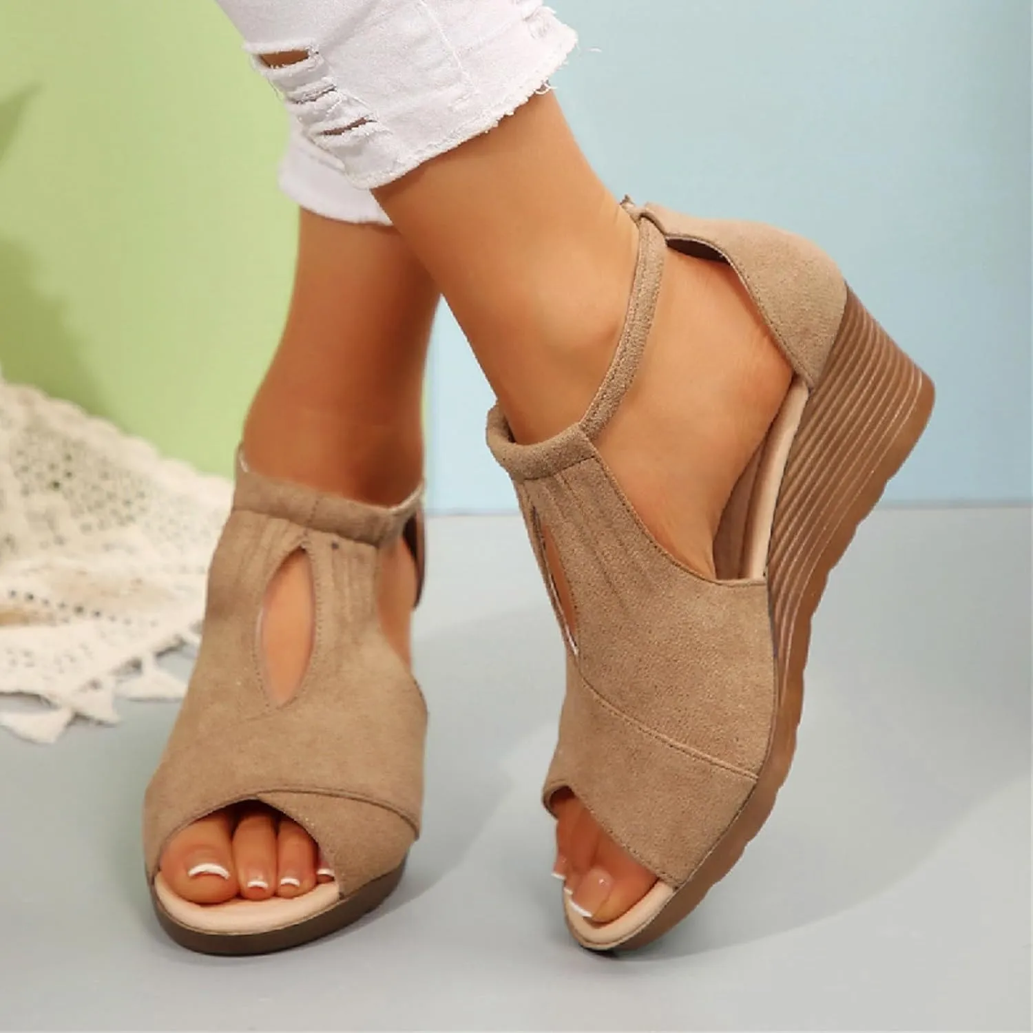 Comfort Foam Peep Toe Wedge Sandals Summer High Heel Fishmouth Arch Wedges Comfortable Adjustable Straps Flat Sandal Wedding Dressy Breathable Beach Fashion Trendy Shoes