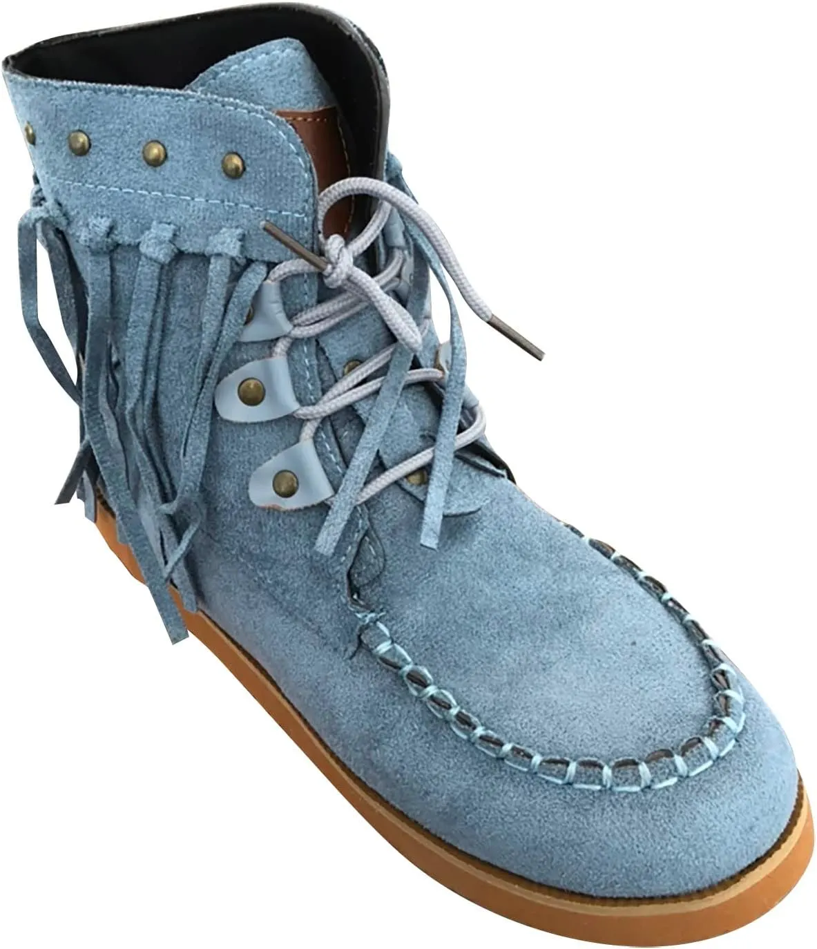 Ctreela Western Cowgirl Boot Retro Round Toe Fringe Casual Booties Tassel Cowboy Ankle Boots Faux Suede Lace up Flat Shoes
