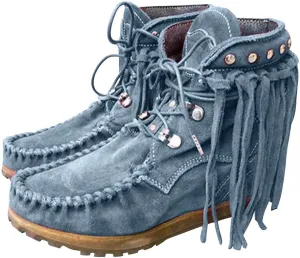 Ctreela Western Cowgirl Boot Retro Round Toe Fringe Casual Booties Tassel Cowboy Ankle Boots Faux Suede Lace up Flat Shoes