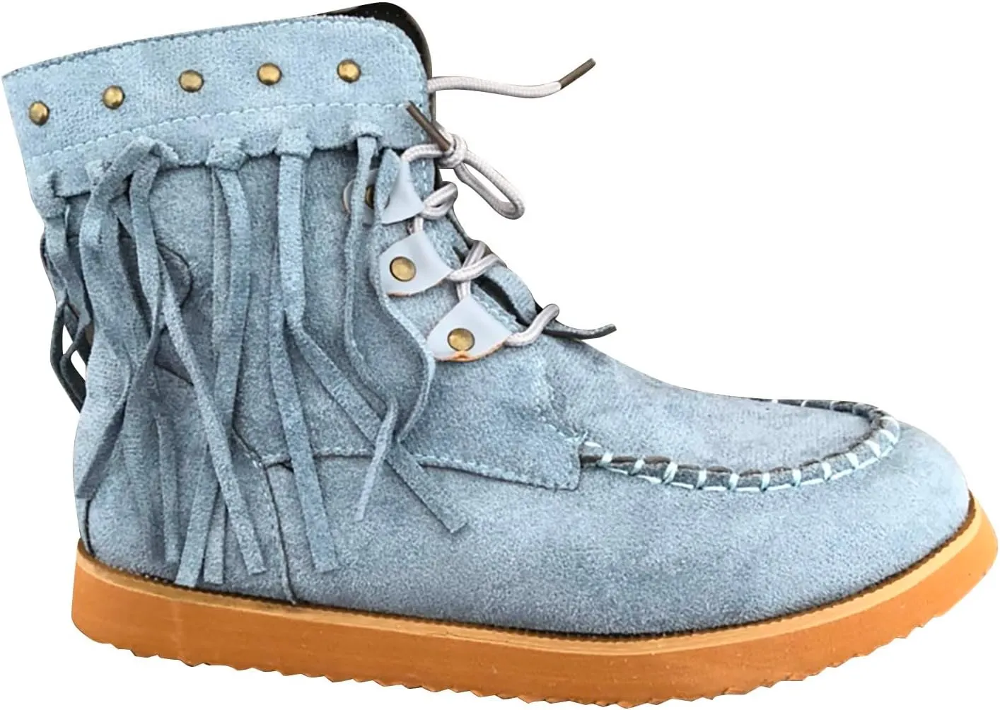 Ctreela Western Cowgirl Boot Retro Round Toe Fringe Casual Booties Tassel Cowboy Ankle Boots Faux Suede Lace up Flat Shoes