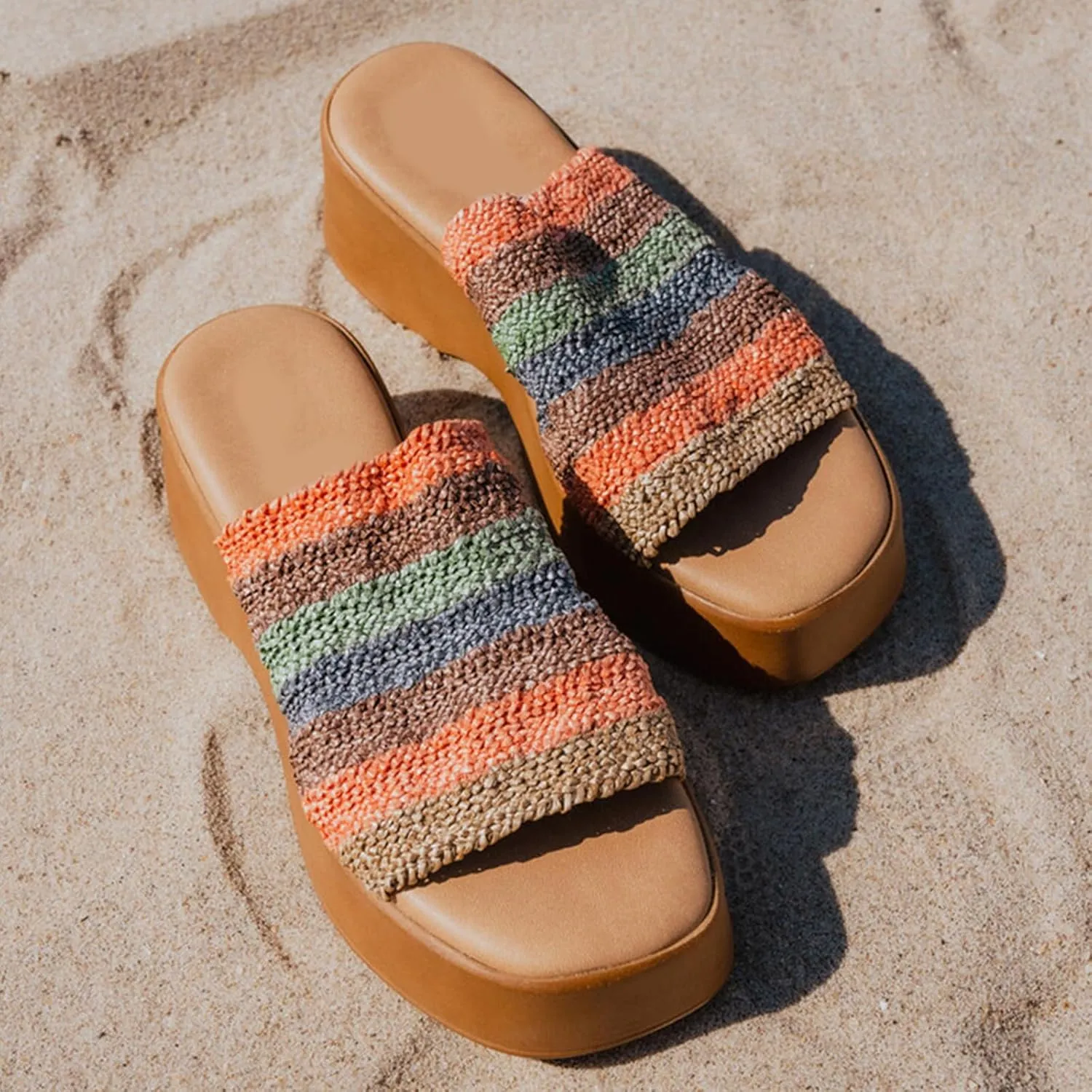 DOEYG Raffia Platform Slide Sandals for Women Comfortable Espadrille Wedge Sandals Cute Beach Summer Straw Sandals