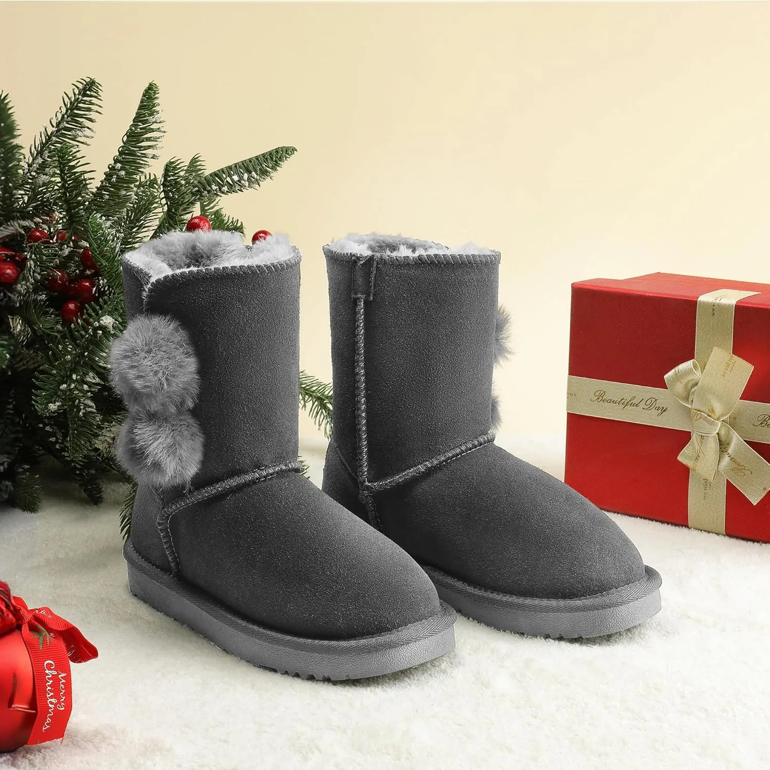 DREAM PAIRS Girls Boots Kids Boys Winter Snow Suede Mid Calf Boots Faux Fur Lined FuzzyChic Kid's Lolly for Little Kid/Big Kid