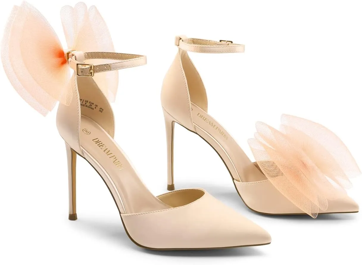 DREAM PAIRS Women's High Heels Strappy Closed Toe Stiletto Pointed Toe Mesh Bows Ankle Strap D'Orsay Sexy Dress Wedding Party Pumps Shoes