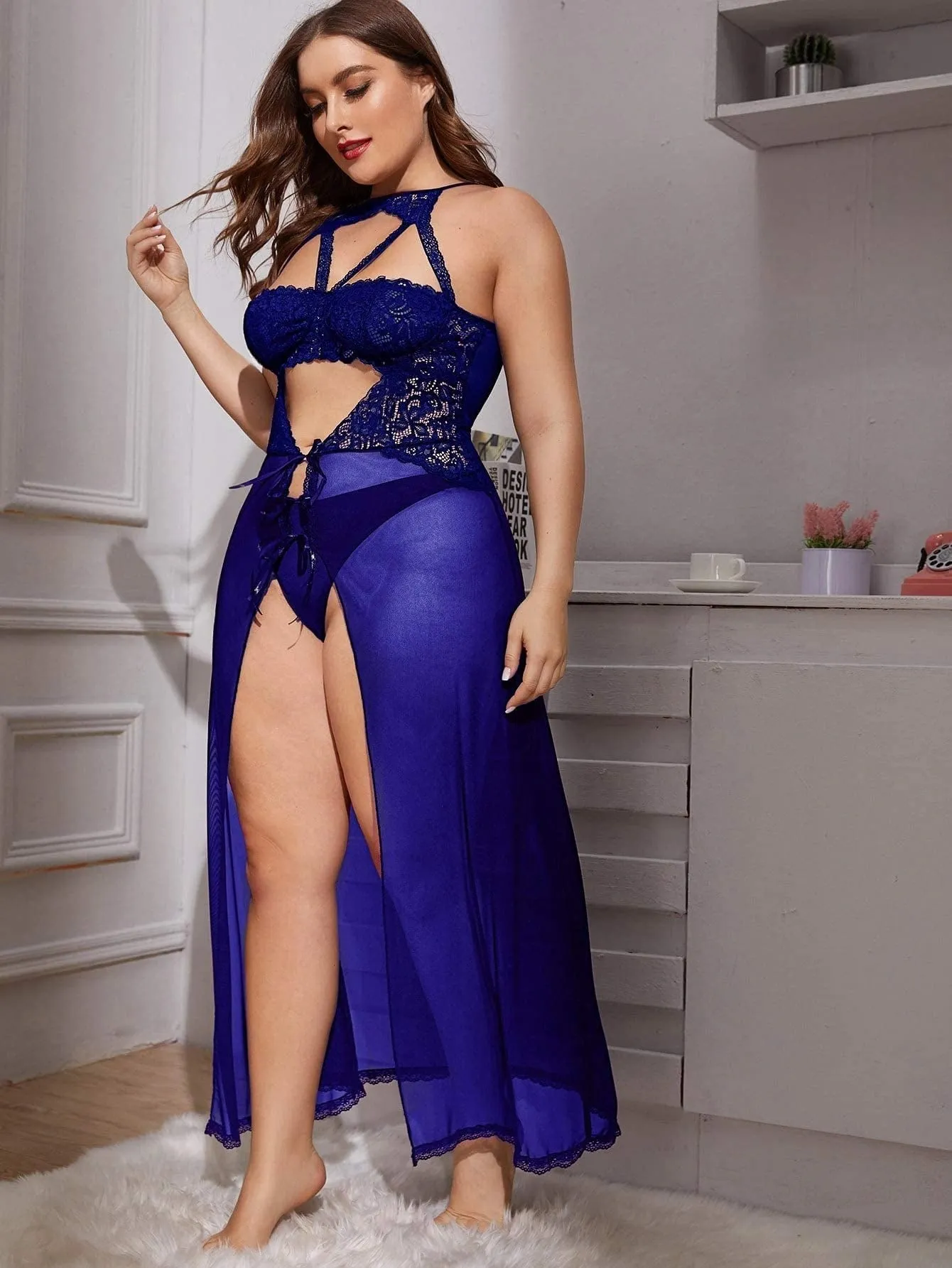 Elegant Navy Blue Lace Maxi Nightgown