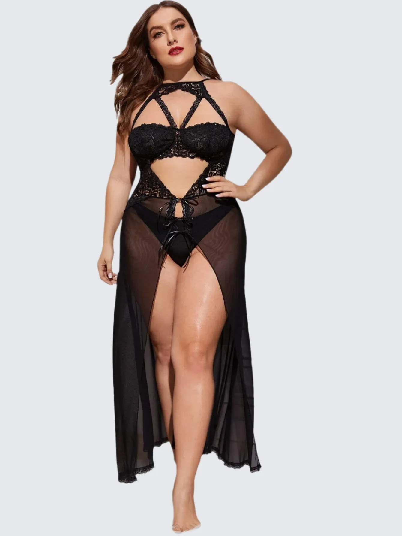 Elegant Navy Blue Lace Maxi Nightgown