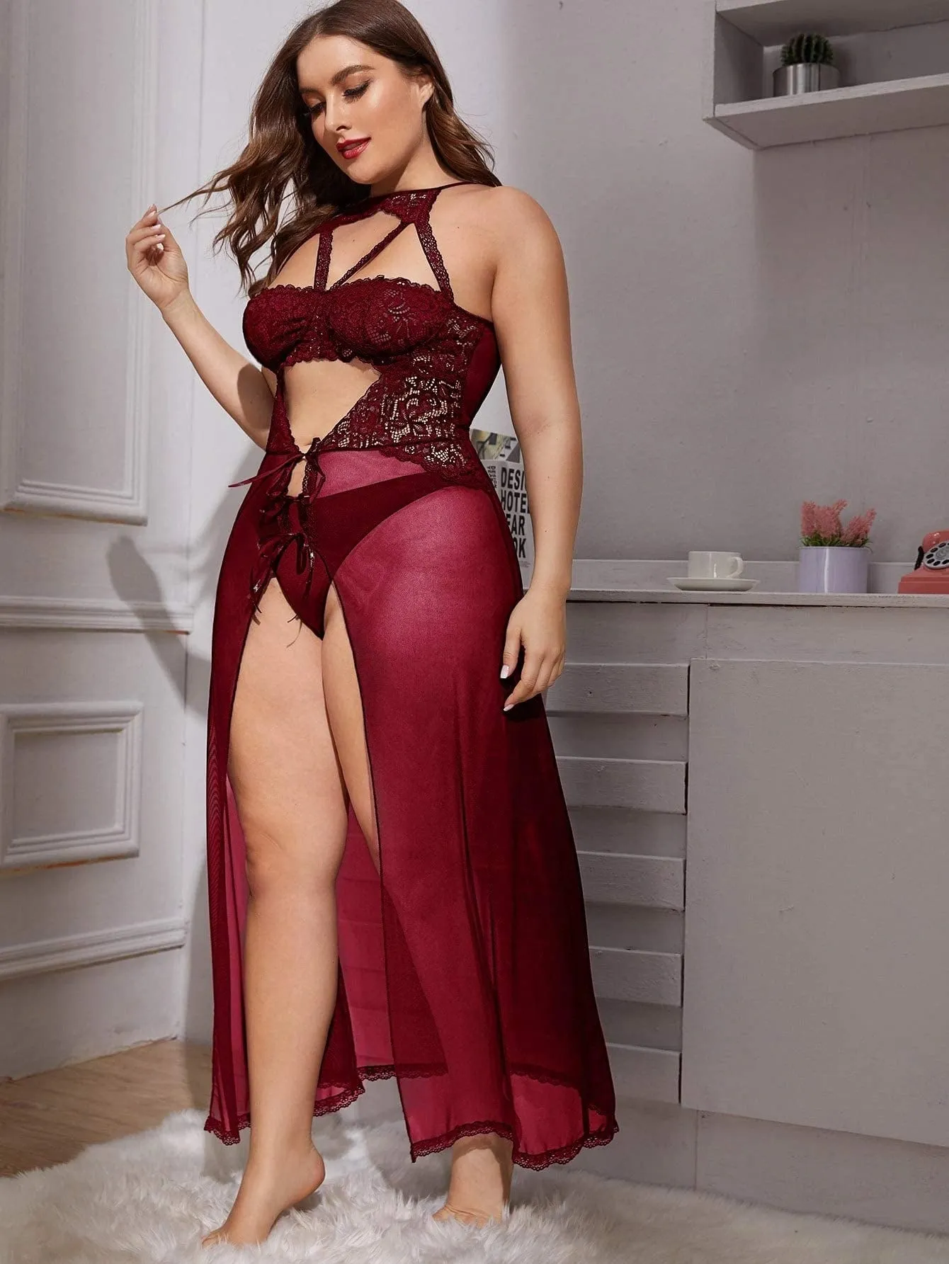 Elegant Navy Blue Lace Maxi Nightgown