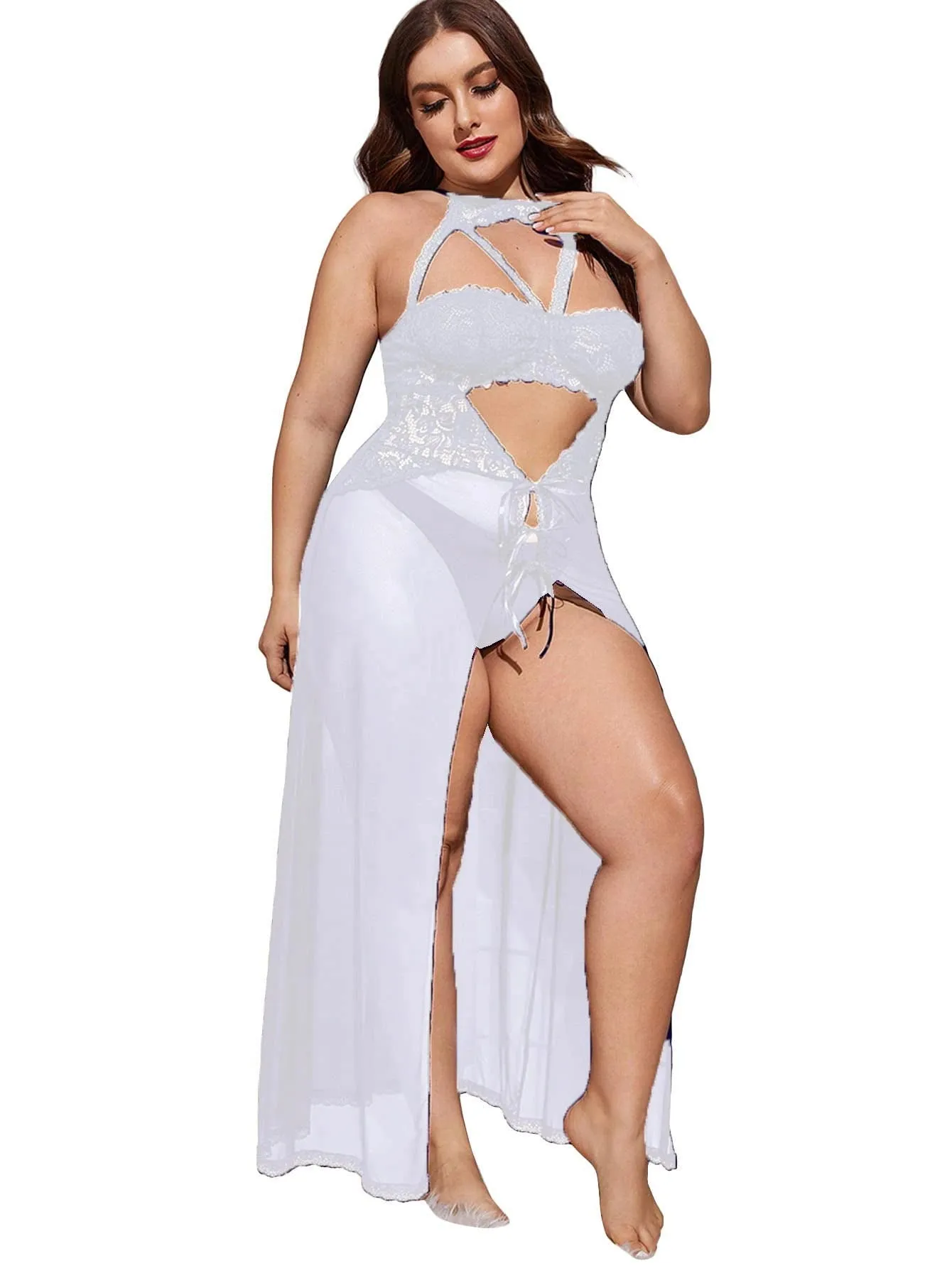 Elegant Navy Blue Lace Maxi Nightgown