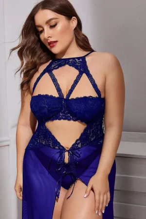 Elegant Navy Blue Lace Maxi Nightgown