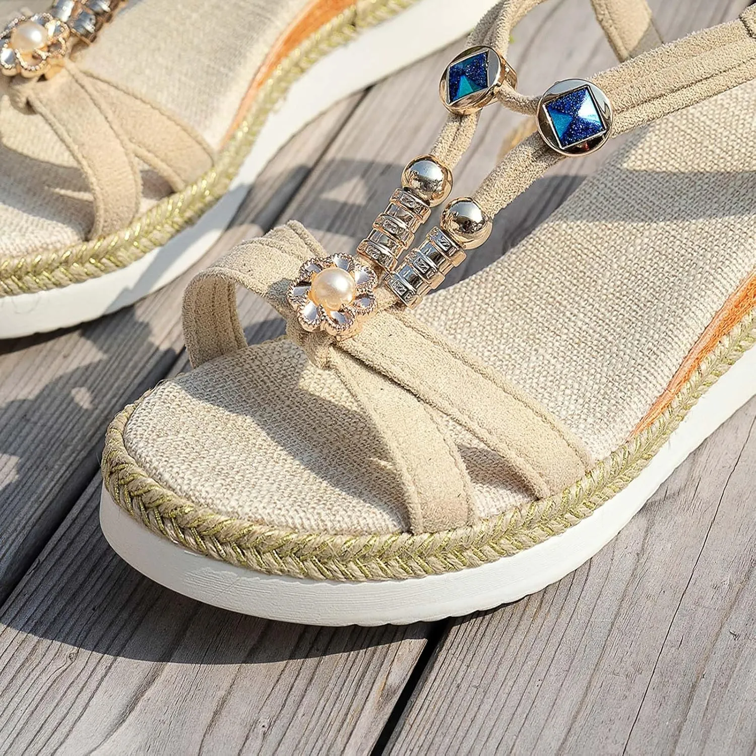 Espadrille Sandals for Women Womens Sandals Comfortable Ankle Strap Platform Boho Crystal Open Toe Fashion Walking Wedges