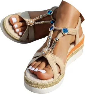 Espadrille Sandals for Women Womens Sandals Comfortable Ankle Strap Platform Boho Crystal Open Toe Fashion Walking Wedges