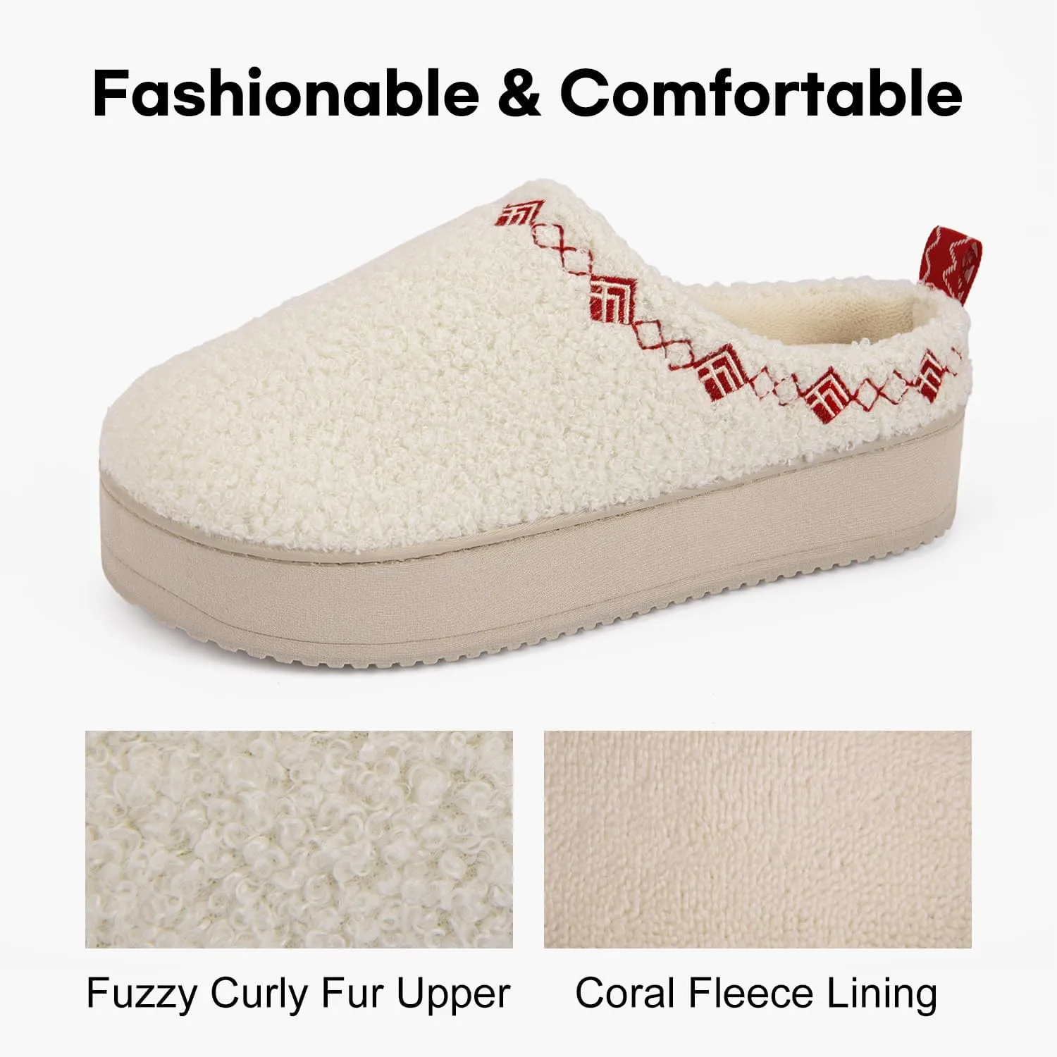 FamilyFairy Women's Slippers with Fuzzy Curly Fur Platform House Shoes Slip on Bedroom Indoor Outdoor