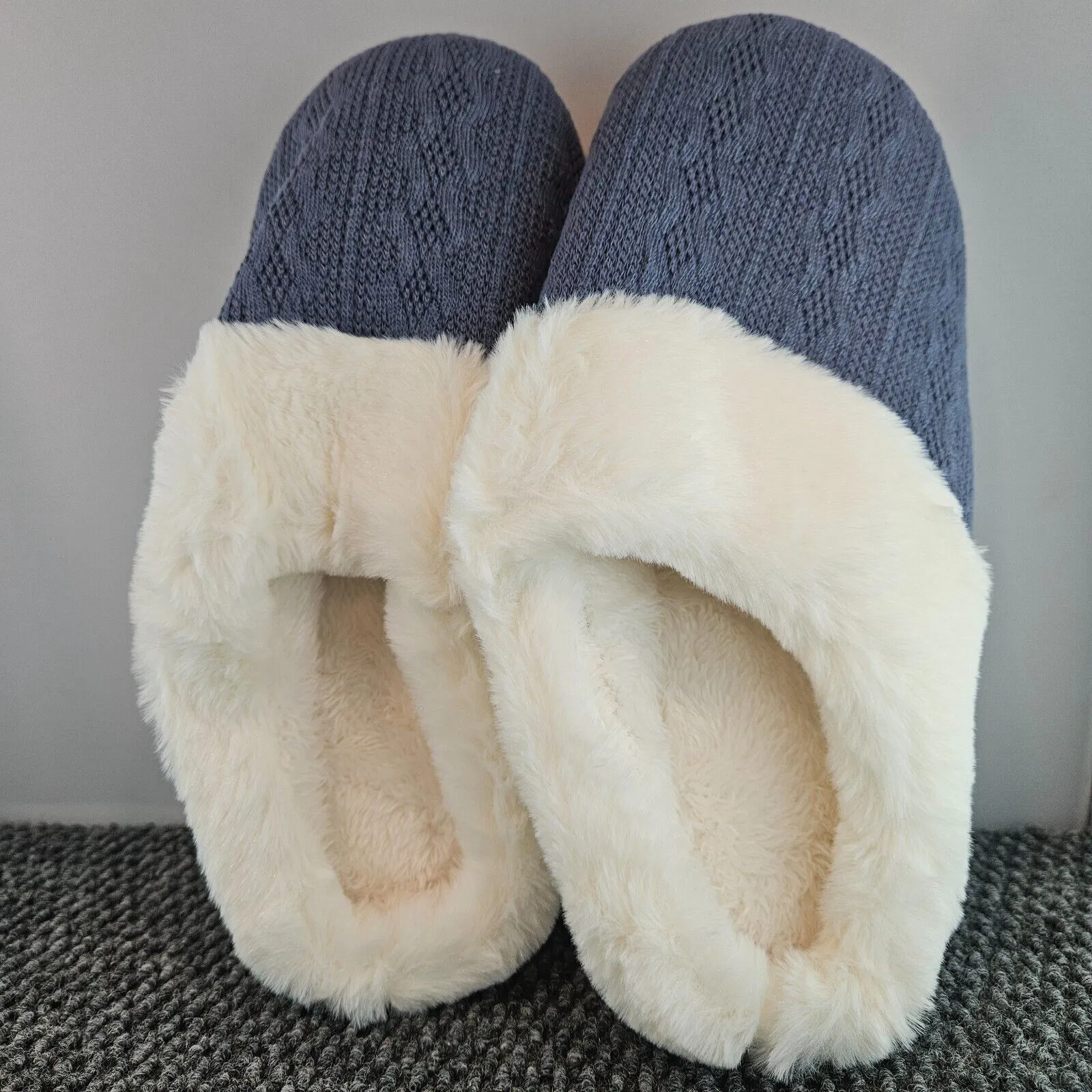 Faux Fur Knit Slippers For Women Deep Sea Blue Size 7-8