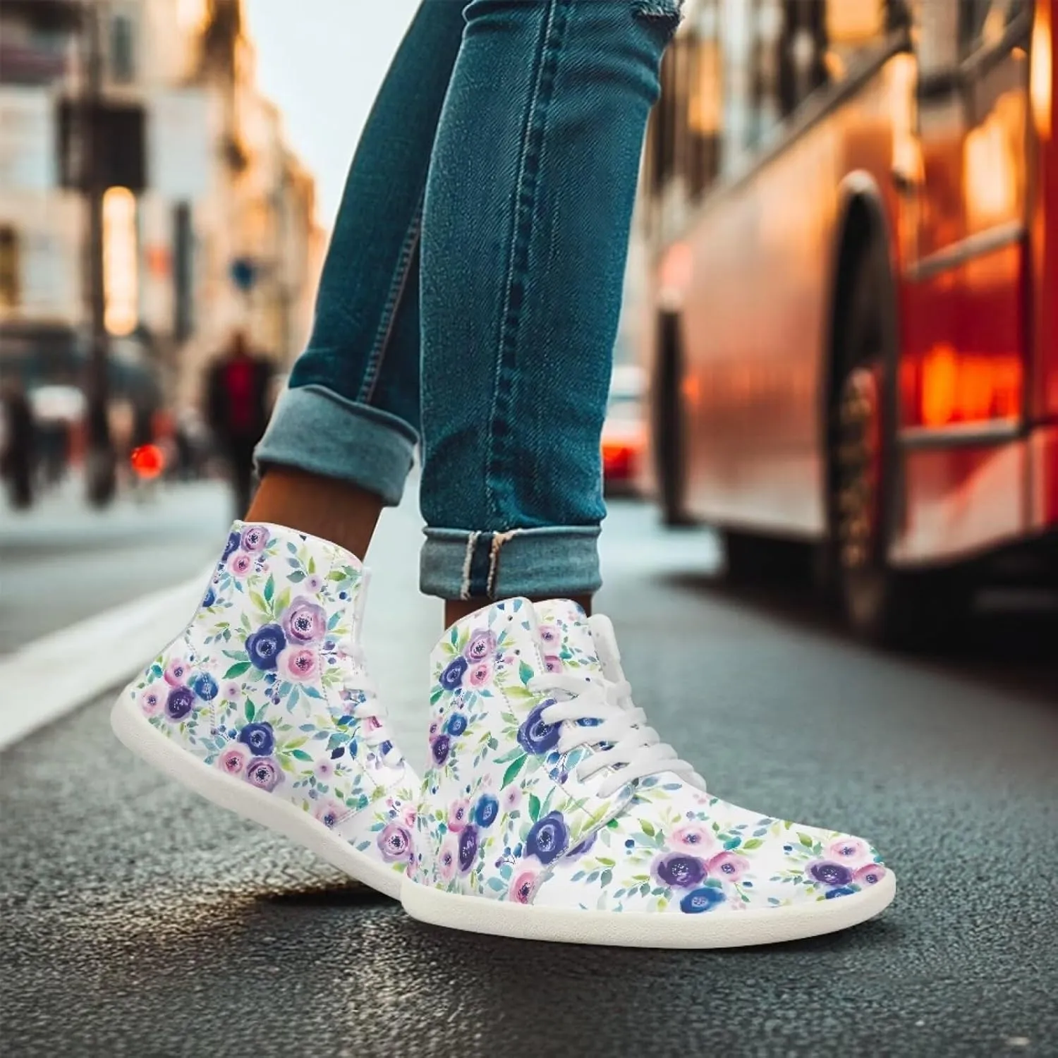Floral Print Barefoot Sneakers for Women High Top PU Footwear Width Toe Anti-Skid Running Cross Training Shoes