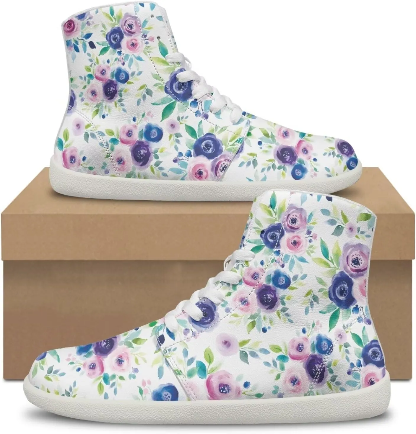 Floral Print Barefoot Sneakers for Women High Top PU Footwear Width Toe Anti-Skid Running Cross Training Shoes