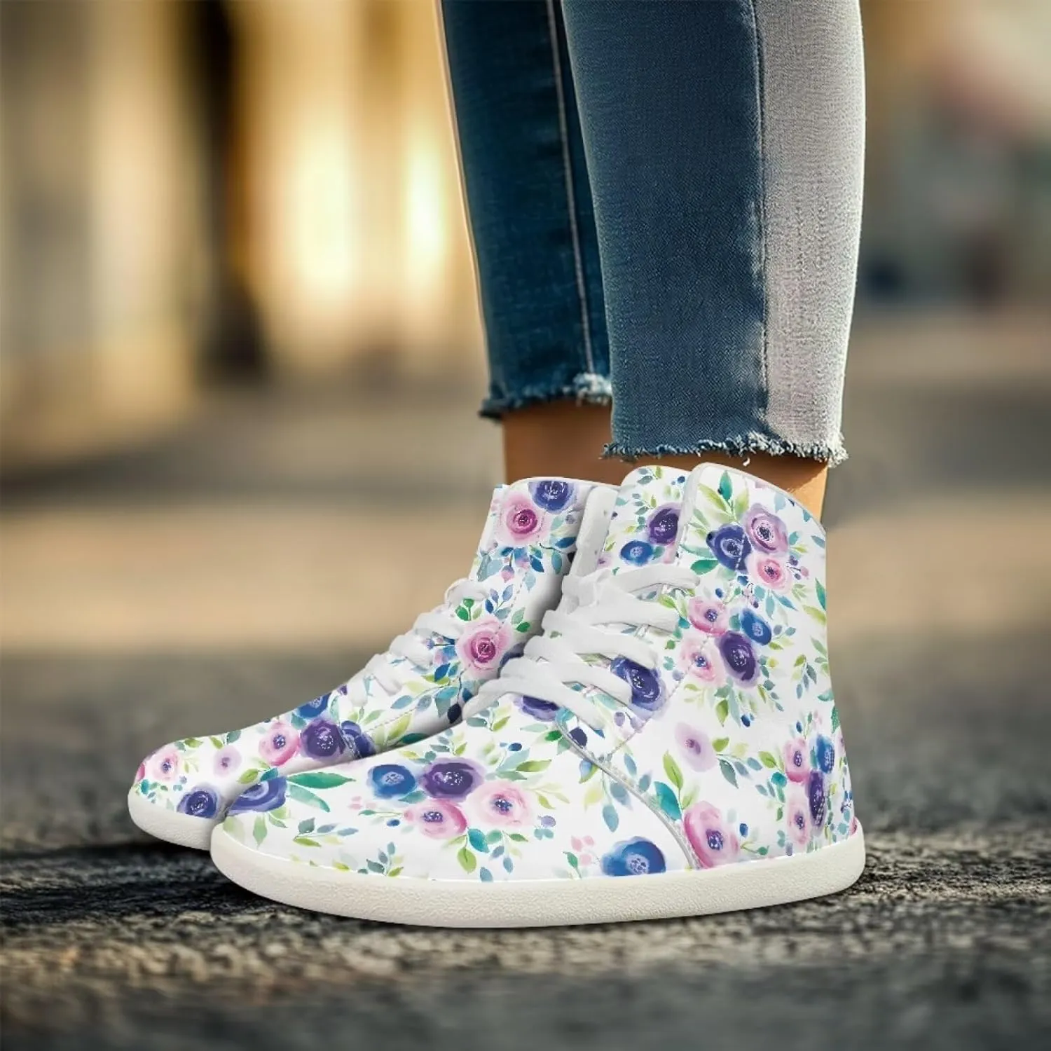 Floral Print Barefoot Sneakers for Women High Top PU Footwear Width Toe Anti-Skid Running Cross Training Shoes