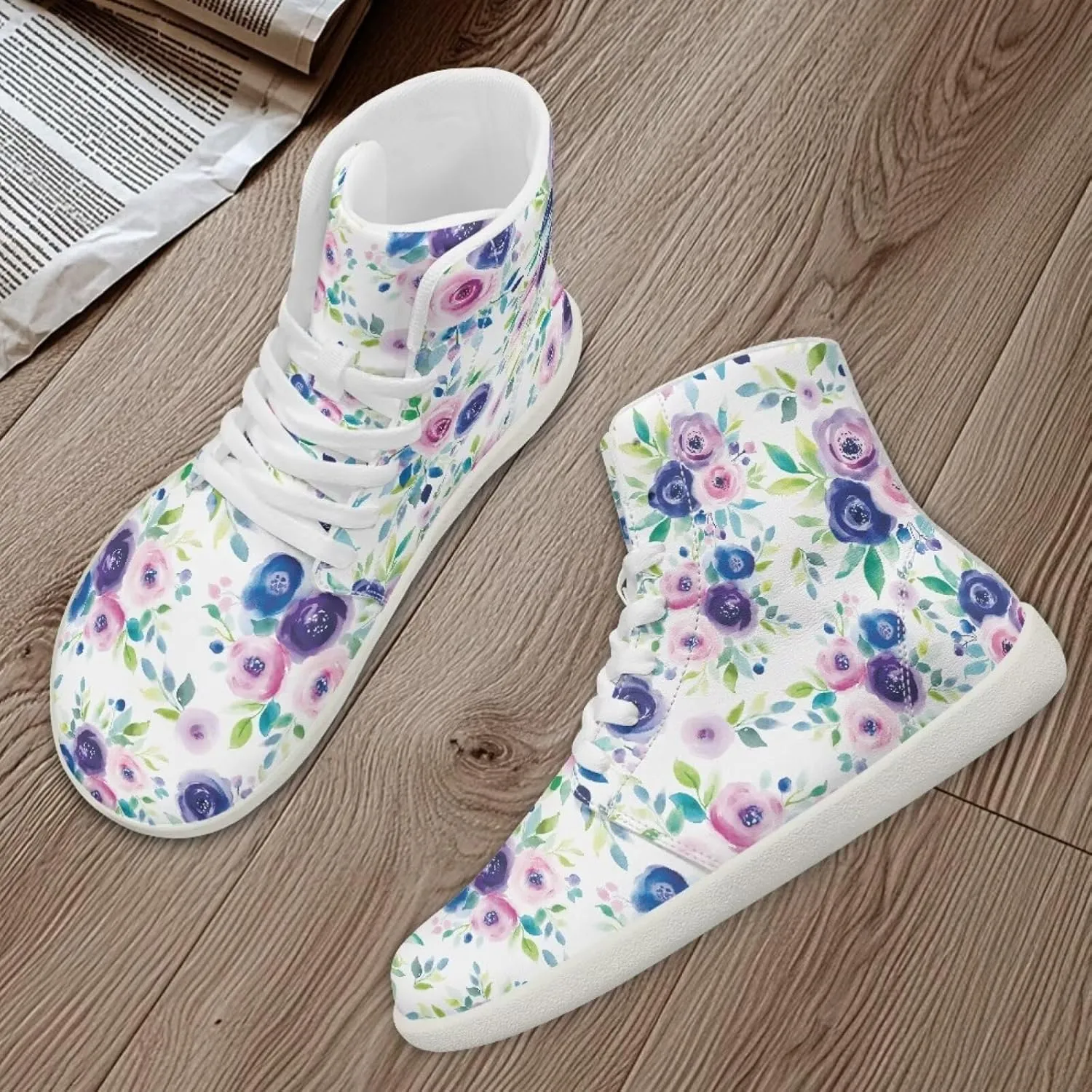 Floral Print Barefoot Sneakers for Women High Top PU Footwear Width Toe Anti-Skid Running Cross Training Shoes