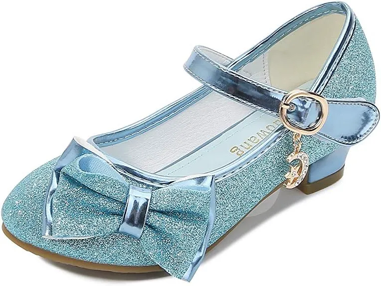 Girl Mary Jane High Heels Formal Dress Banquet Wedding Bow Glittering Princess Shoes