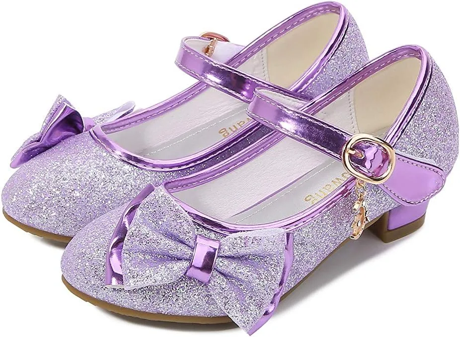 Girl Mary Jane High Heels Formal Dress Banquet Wedding Bow Glittering Princess Shoes