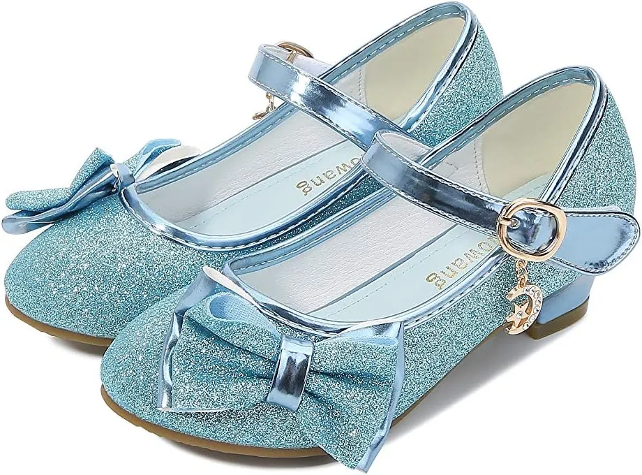 Girl Mary Jane High Heels Formal Dress Banquet Wedding Bow Glittering Princess Shoes