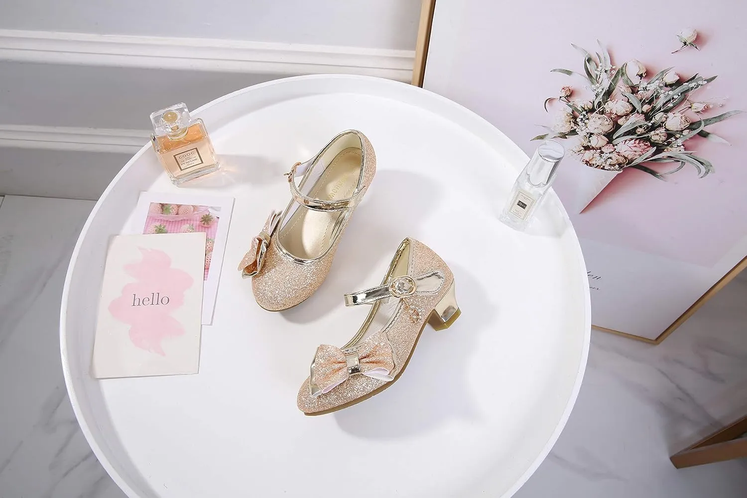 Girl Mary Jane High Heels Formal Dress Banquet Wedding Bow Glittering Princess Shoes