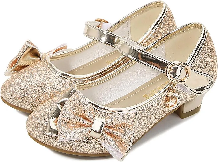 Girl Mary Jane High Heels Formal Dress Banquet Wedding Bow Glittering Princess Shoes