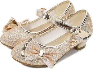 Girl Mary Jane High Heels Formal Dress Banquet Wedding Bow Glittering Princess Shoes