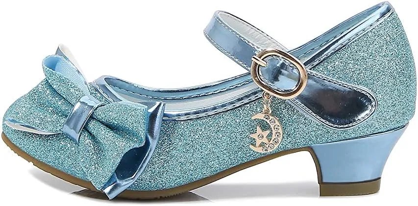 Girl Mary Jane High Heels Formal Dress Banquet Wedding Bow Glittering Princess Shoes