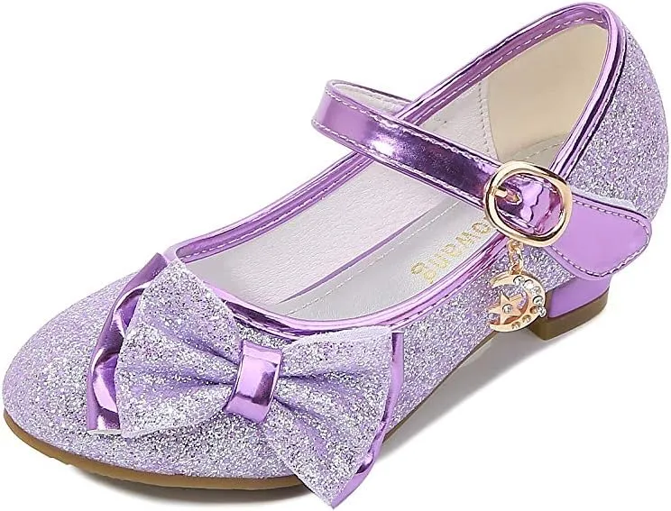 Girl Mary Jane High Heels Formal Dress Banquet Wedding Bow Glittering Princess Shoes
