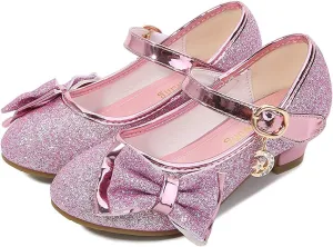 Girl Mary Jane High Heels Formal Dress Banquet Wedding Bow Glittering Princess Shoes