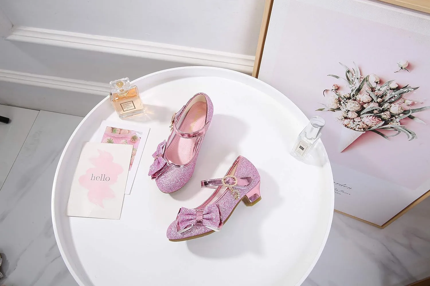Girl Mary Jane High Heels Formal Dress Banquet Wedding Bow Glittering Princess Shoes