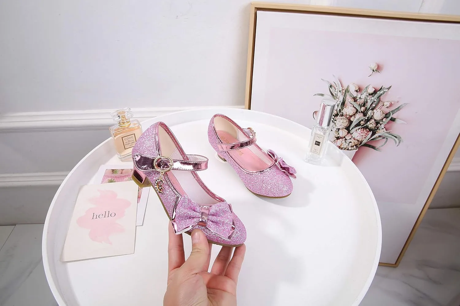 Girl Mary Jane High Heels Formal Dress Banquet Wedding Bow Glittering Princess Shoes