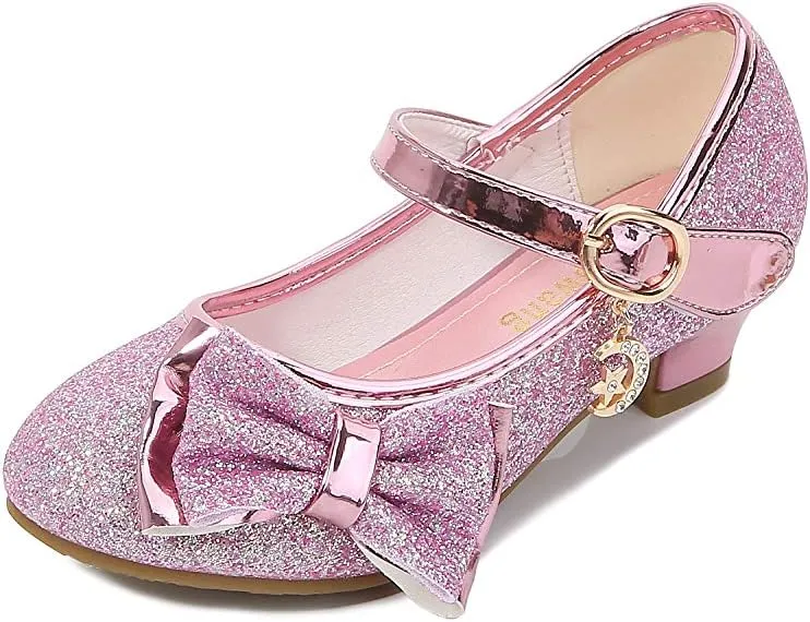 Girl Mary Jane High Heels Formal Dress Banquet Wedding Bow Glittering Princess Shoes