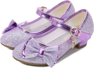 Girl Mary Jane High Heels Formal Dress Banquet Wedding Bow Glittering Princess Shoes