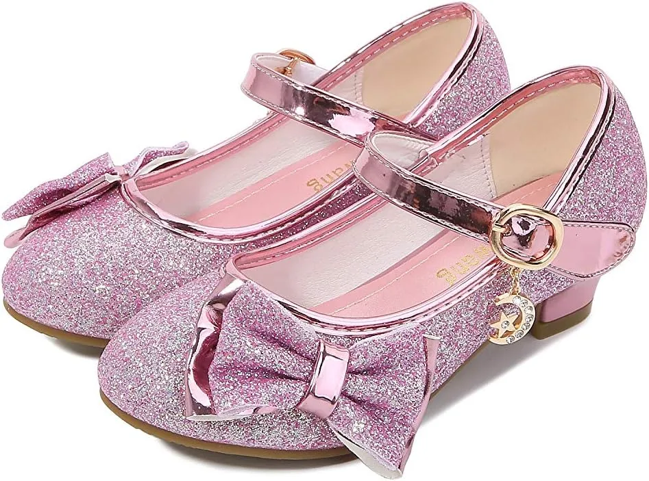Girl Mary Jane High Heels Formal Dress Banquet Wedding Bow Glittering Princess Shoes