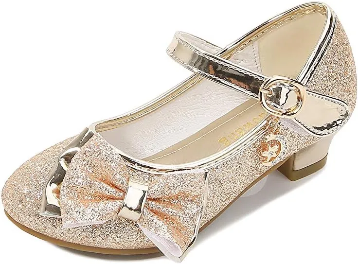 Girl Mary Jane High Heels Formal Dress Banquet Wedding Bow Glittering Princess Shoes