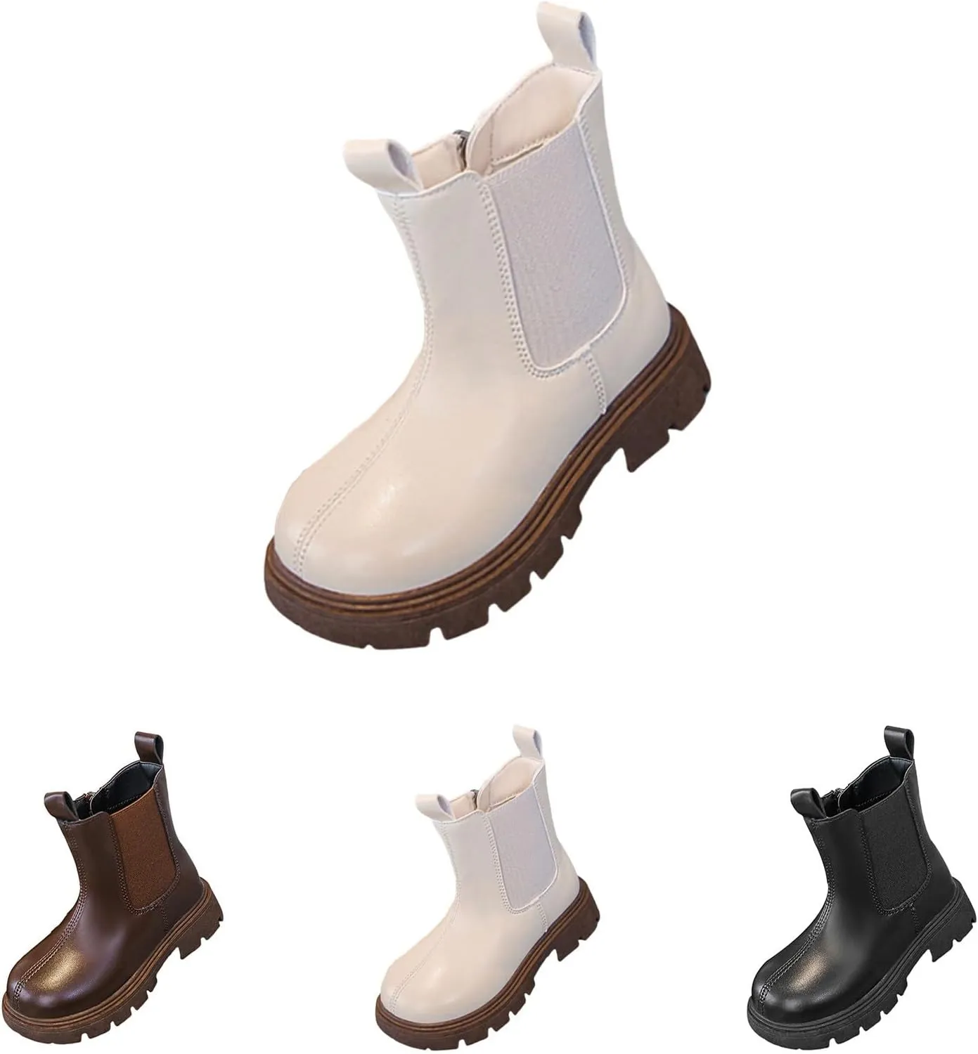 Girls Ankle Boots Slip on Lug Sole Booties Unisex Kids Comfortable Leather Low Heels Zipper Outdoor Dress Booties