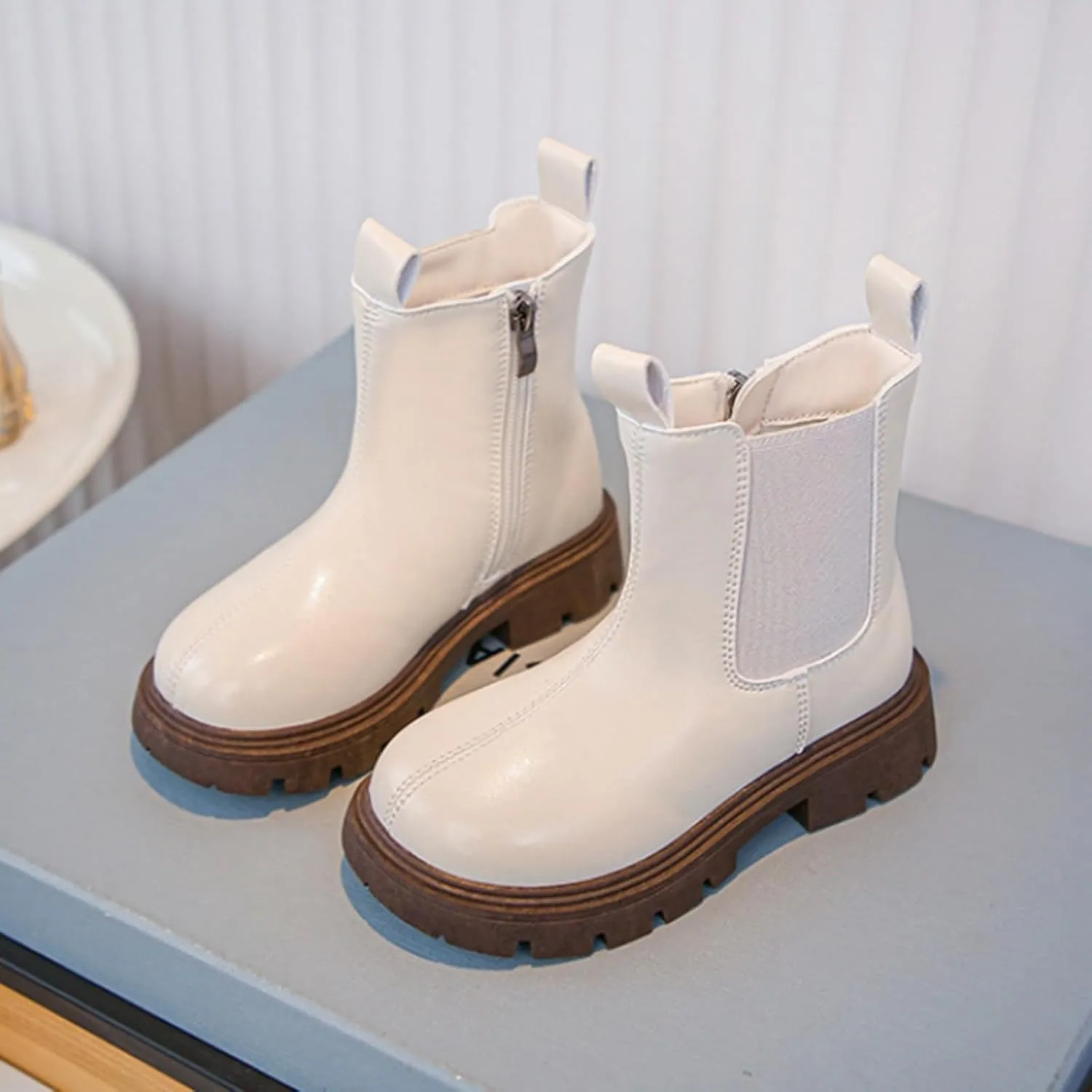 Girls Ankle Boots Slip on Lug Sole Booties Unisex Kids Comfortable Leather Low Heels Zipper Outdoor Dress Booties