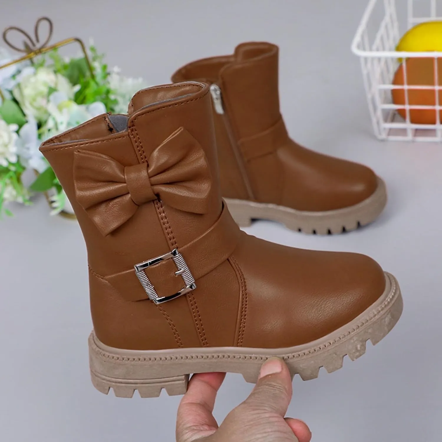 Girls Dress Boots Kids Side Zipper Bowknot Buckle Decor Princess Boots Fashion Soft Sole Mid Calf Boots Walking Shoes