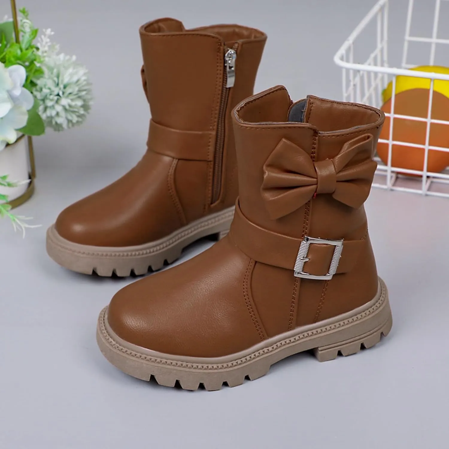 Girls Dress Boots Kids Side Zipper Bowknot Buckle Decor Princess Boots Fashion Soft Sole Mid Calf Boots Walking Shoes