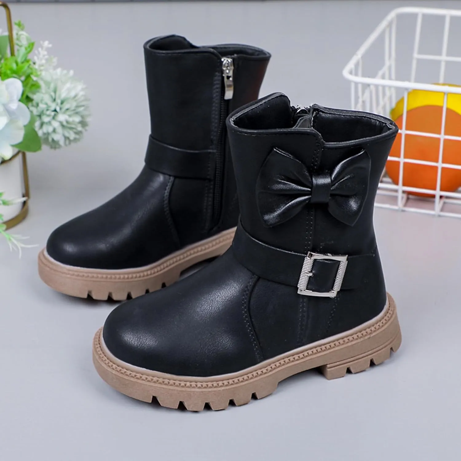 Girls Dress Boots Kids Side Zipper Bowknot Buckle Decor Princess Boots Fashion Soft Sole Mid Calf Boots Walking Shoes