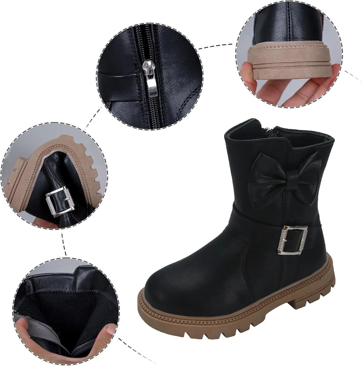 Girls Dress Boots Kids Side Zipper Bowknot Buckle Decor Princess Boots Fashion Soft Sole Mid Calf Boots Walking Shoes